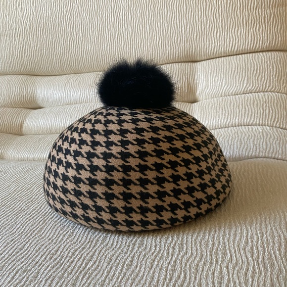 Made in Japan- Le Chapeau 100% wool houndstooth Baret hat with rabbit fur top - Picture 9 of 10